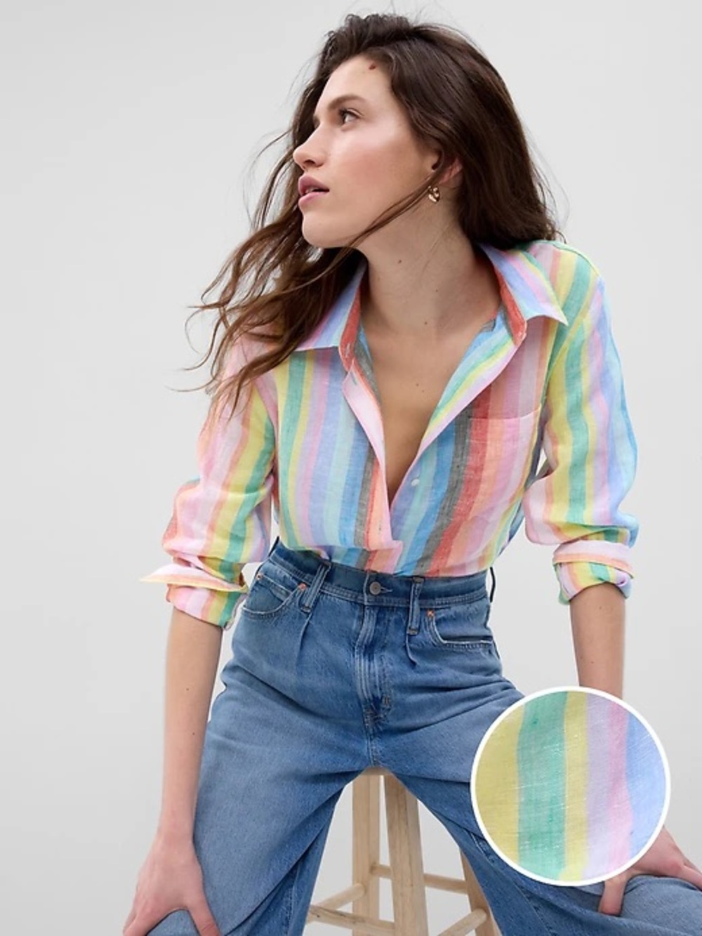 Gap Linen Striped Pastel Button-Up Shirt Multicolor XS petite